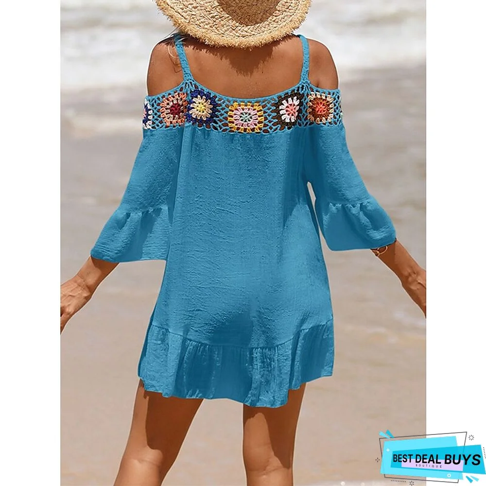 Women's Cover Up Beach Dress Beach Wear Mini Dress Ruffle Backless Ethnic Casual Floral Spaghetti Strap 3/4 Length Sleeve Loose Fit Outdoor Daily Black White 2023 Spring Summer One Size