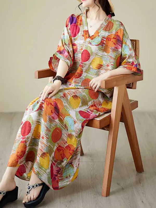 Original Batwing Sleeves Long Sleeves Contrast Color Printed Pleated V-Neck Midi Dresses