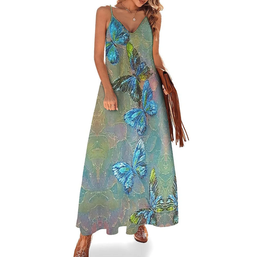 Style & Comfort for Mature Women Plus Size Printed Sling Casual Women Maxi Dress in Pattern Blue, Green, Butterfly