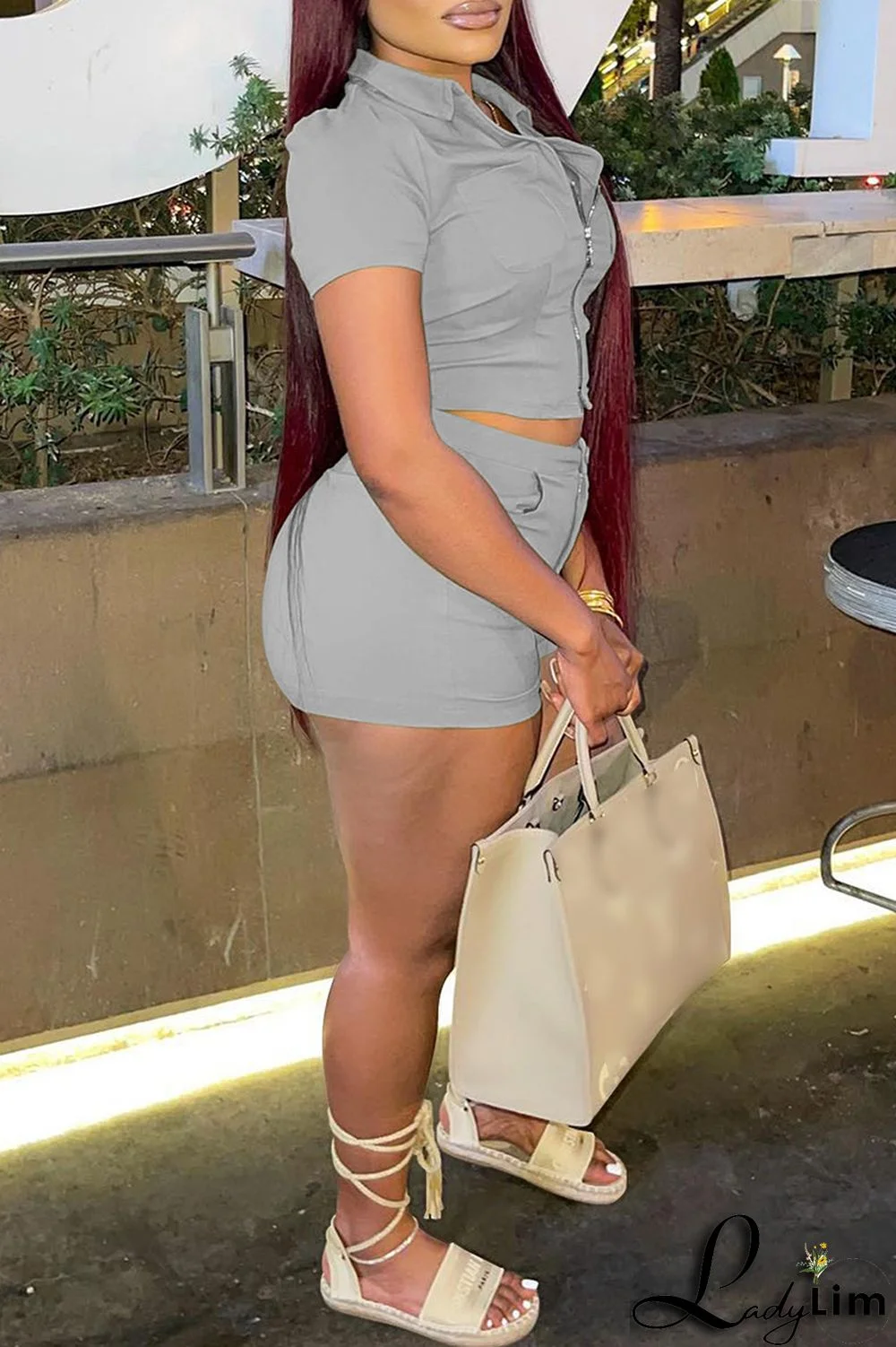 Khaki Fashion Casual Solid Basic Zipper Collar Short Sleeve Two Pieces