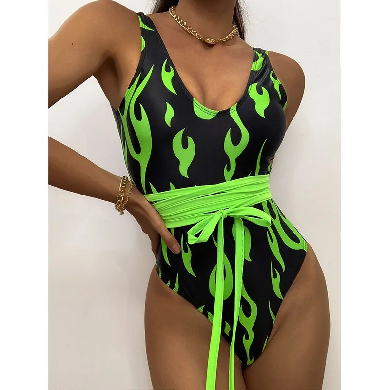 Peachtan Sexy one piece suit Yellow fire print swimwear women High cut retro monokini one-piece swimsuit female bathing suit new