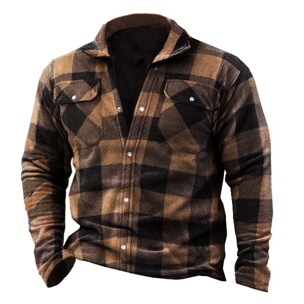 Men's Outdoor Retro Plaid Polar Fleece Multi-pocket Shirt Coat-Compassnice®