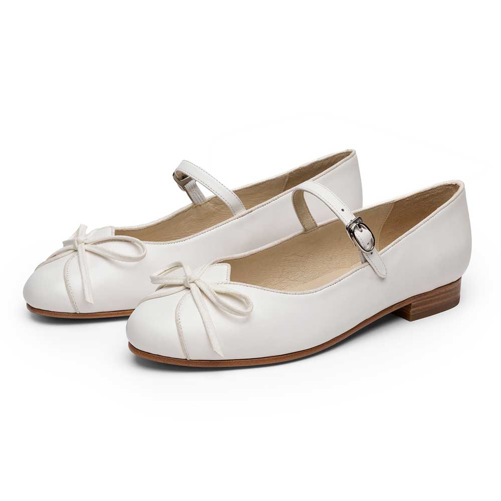 Ivory Vegan Leather Closed Toe Flat Buckle Strap Bow Mary Jane Shoes Nicepairs
