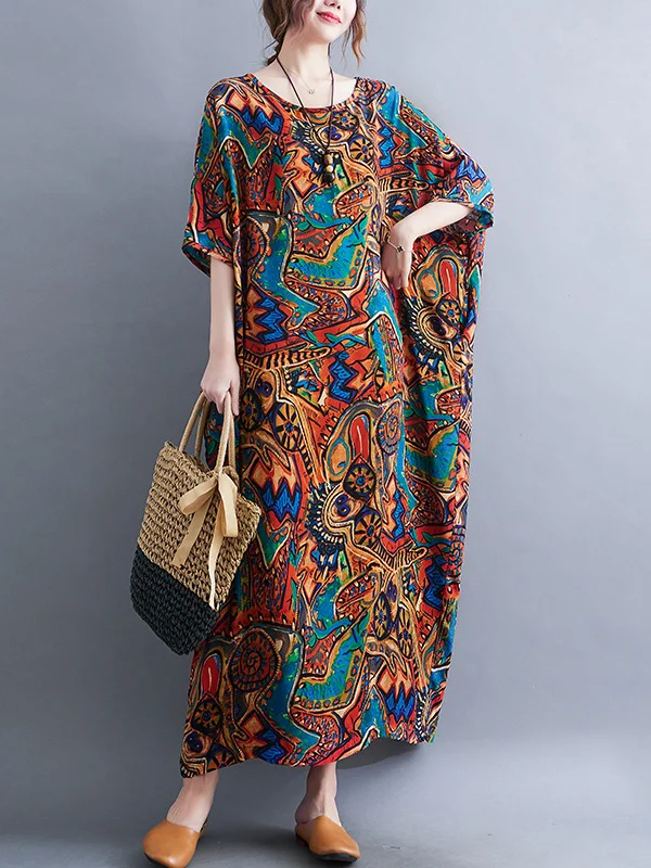 Original Artistic Retro Loose Printed Contrast Color Midi Dress