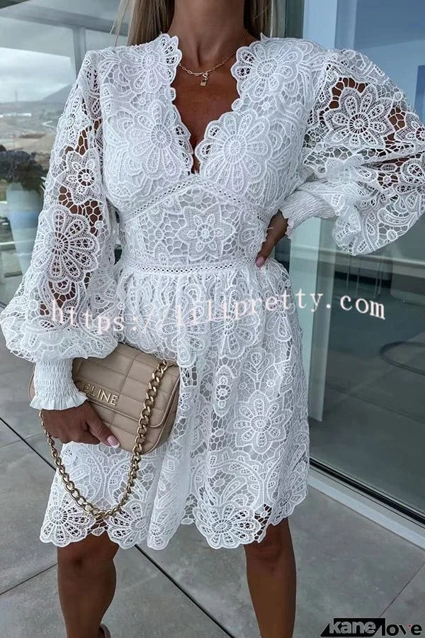 Luxe Debut Floral Crochet Lace Lantern Sleeve Mini Dress