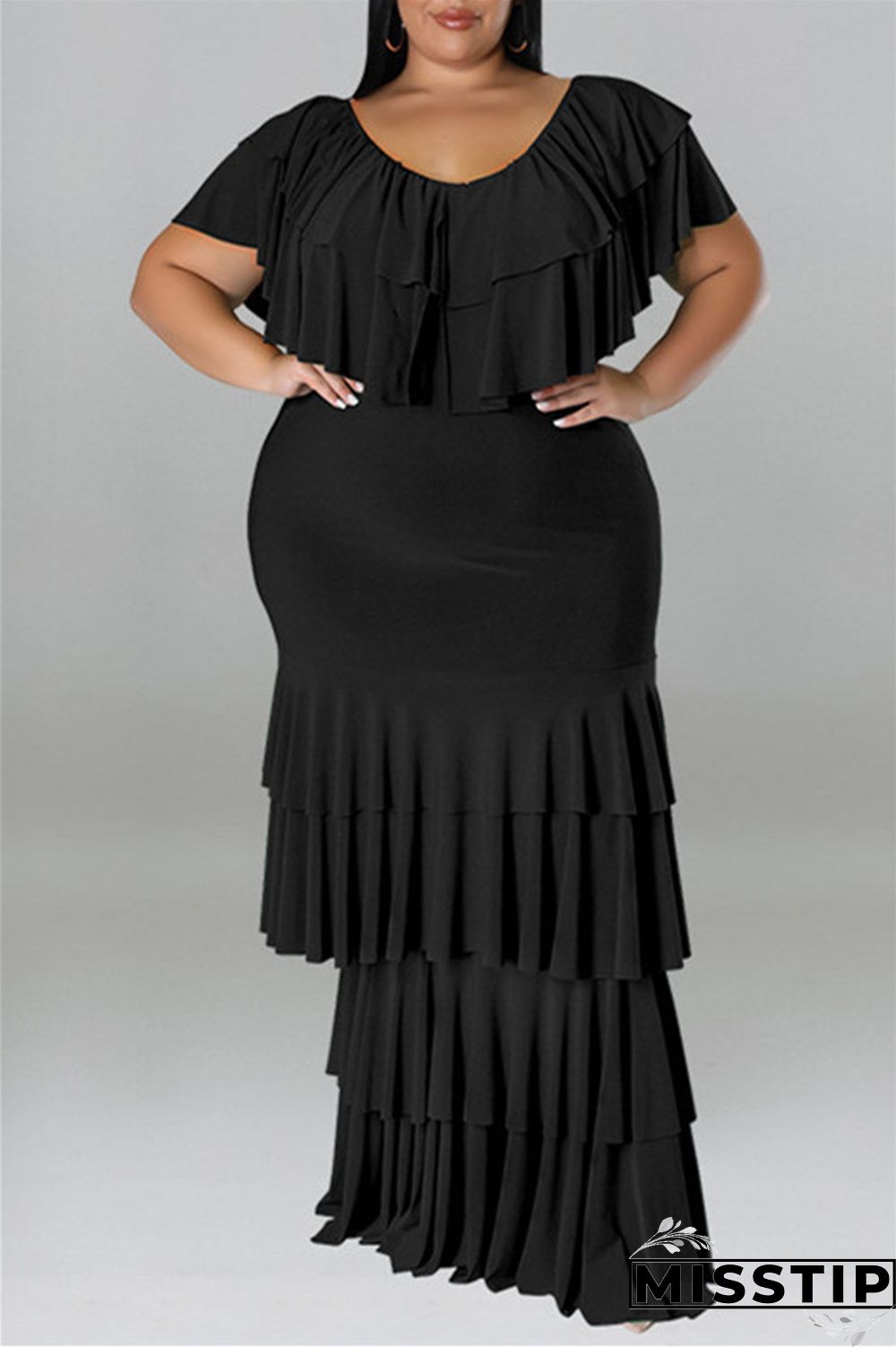 Black Fashion Casual Plus Size Solid Patchwork O Neck Short Sleeve Dress