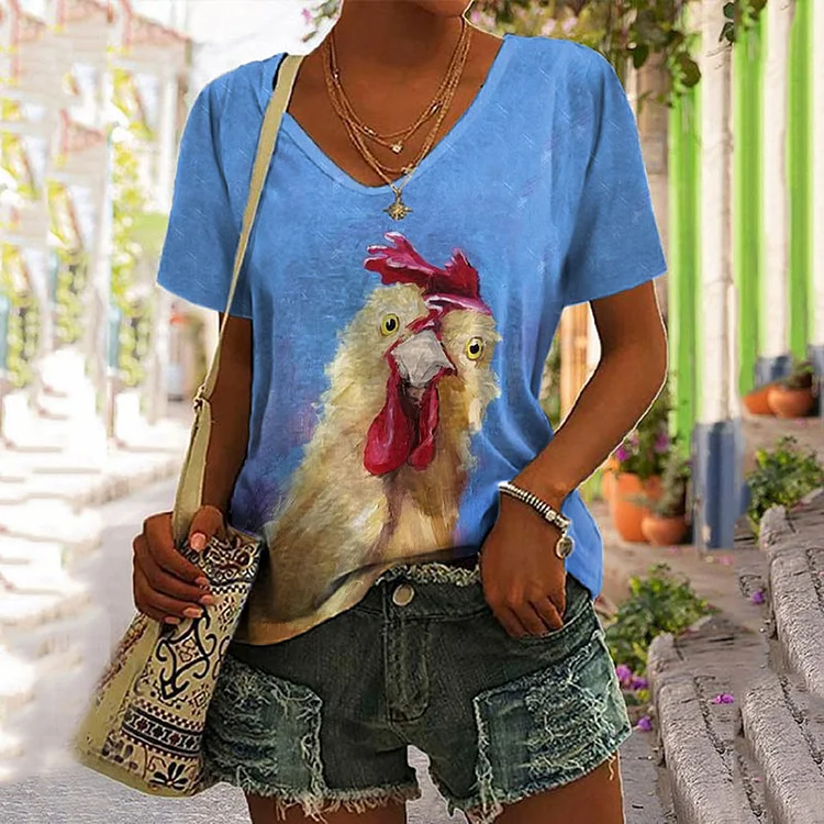 Wearshes Short Sleeve V-Neck Chicken Print T-Shirt