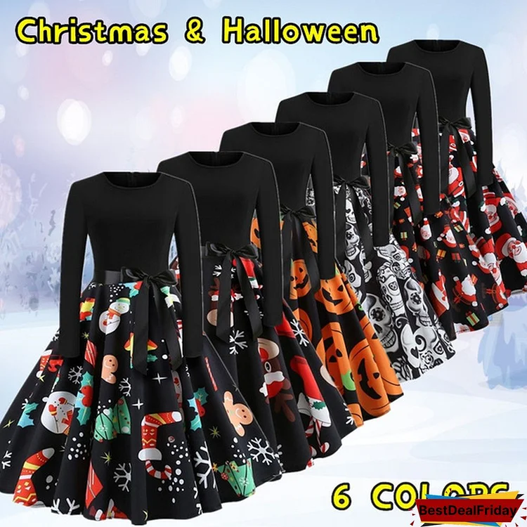 Autumn Winter Fashion Lady Xmas Clothes Christmas Costume Casual Long Sleeve Halloween Print Party Dress