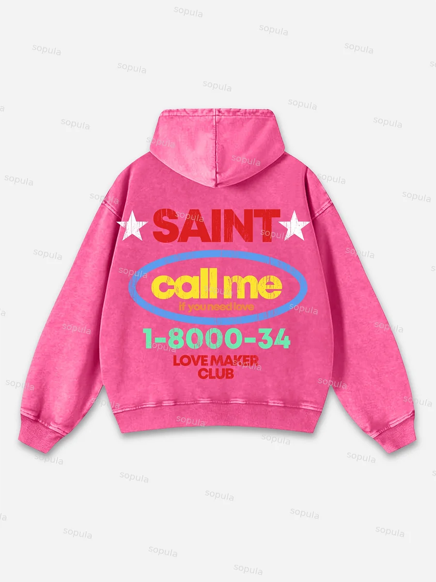 Sopula Vintage Saint Call Me If You Need Love Graphic Acid Washed Oversized Hoodie