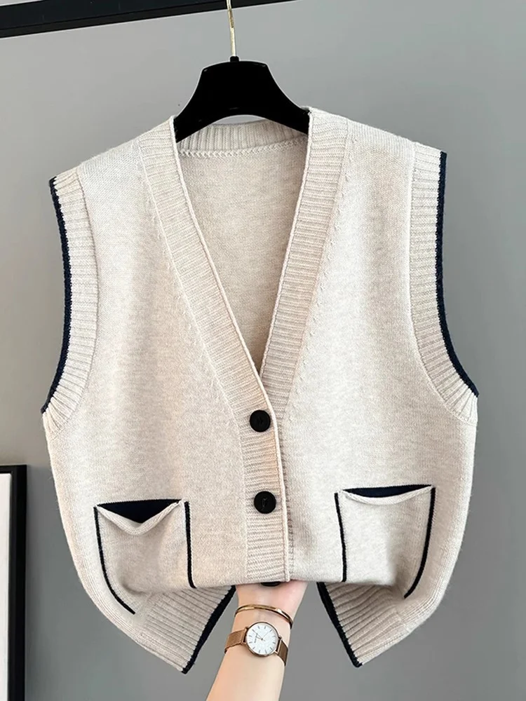 Ueong Clip Women's 2024 Spring And Autumn New Korean Version Of V-Collar Single-Breasted Loose Sleeveless Sweater Vest Feminine