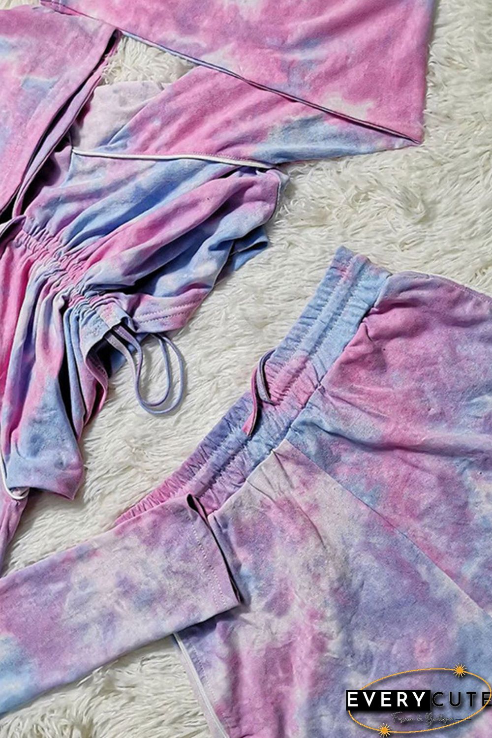 Multicolor Tie Dye Print Drawstring Crop Top and Shorts Active Set