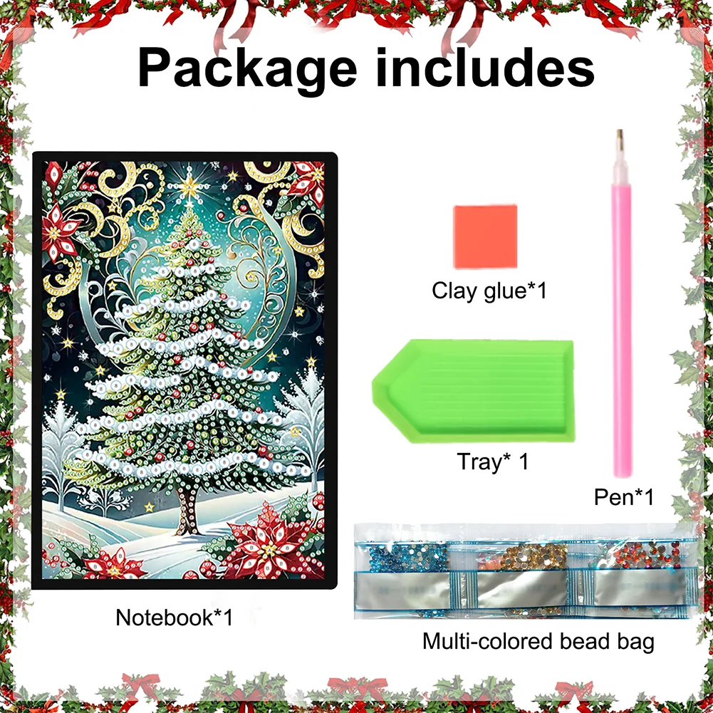 Christmas Tree A5 Size Diamond Painting Notebook Set with 4Pcs Bookmark Gift