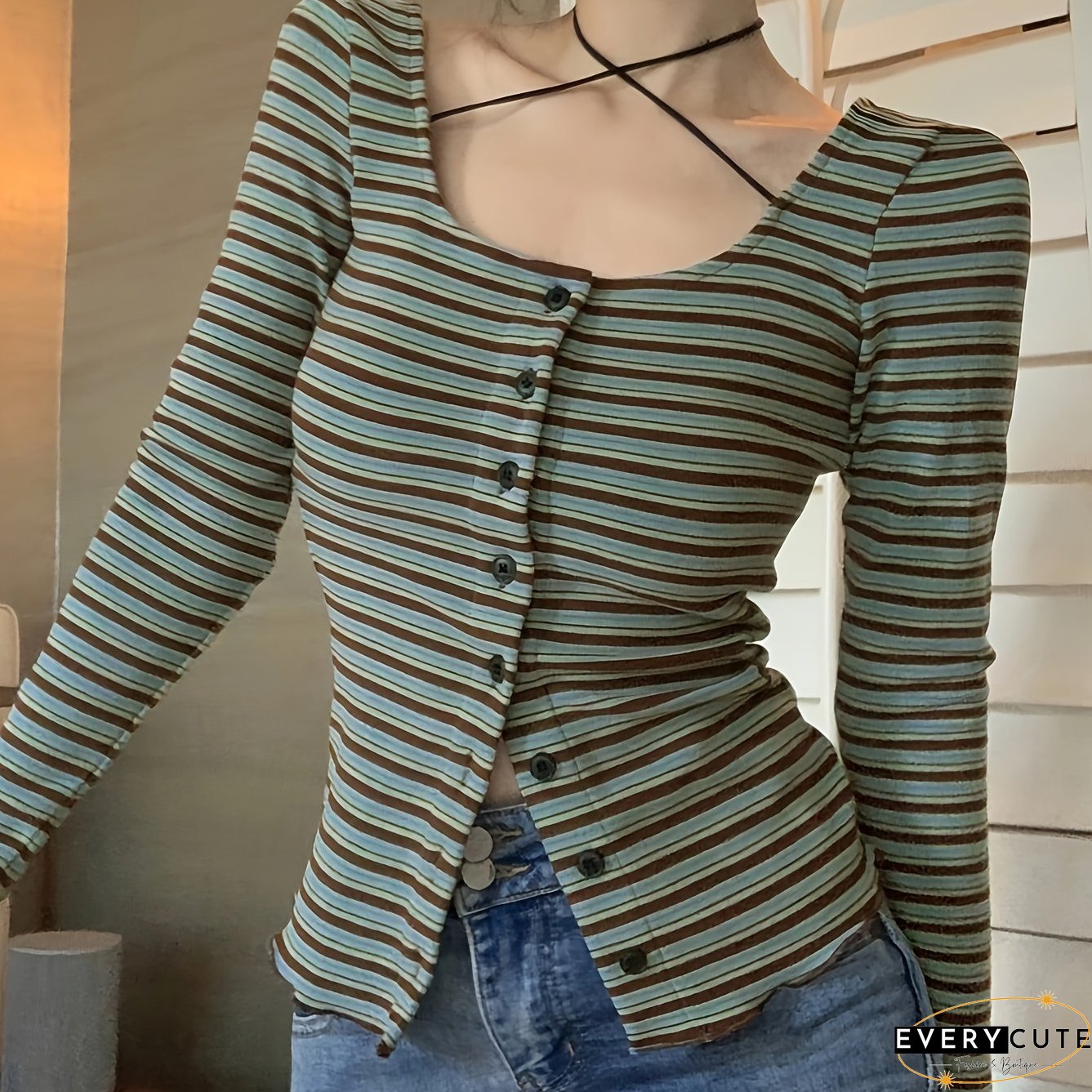 Striped Print Button Front T-Shirt Casual Cross Tie Neck Long Sleeve For Spring Fall
