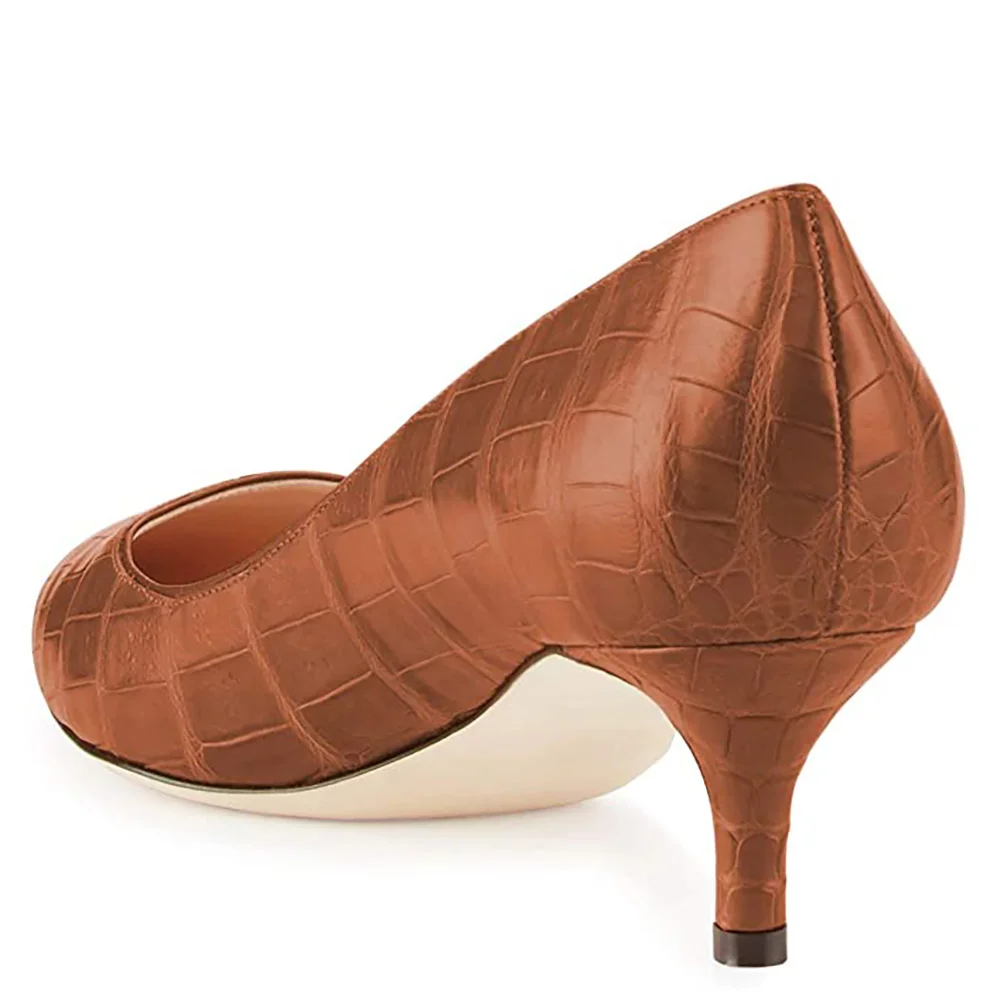 Brown Shiny Vegan Leather Croc-Embossed Pointed Toe Elegant Pumps   