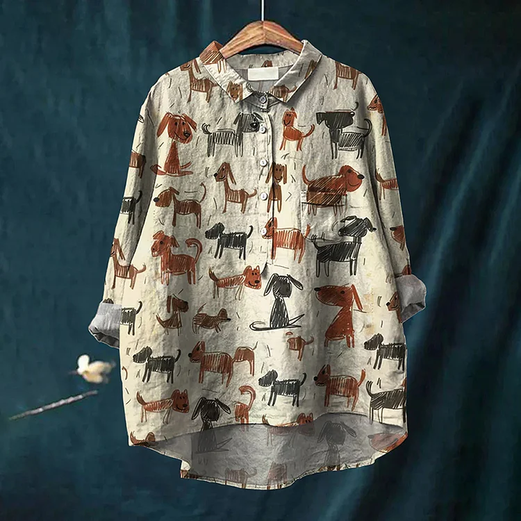 Women's Kid Drawing Art Dog Art Print Casual Cotton And Linen Shirt