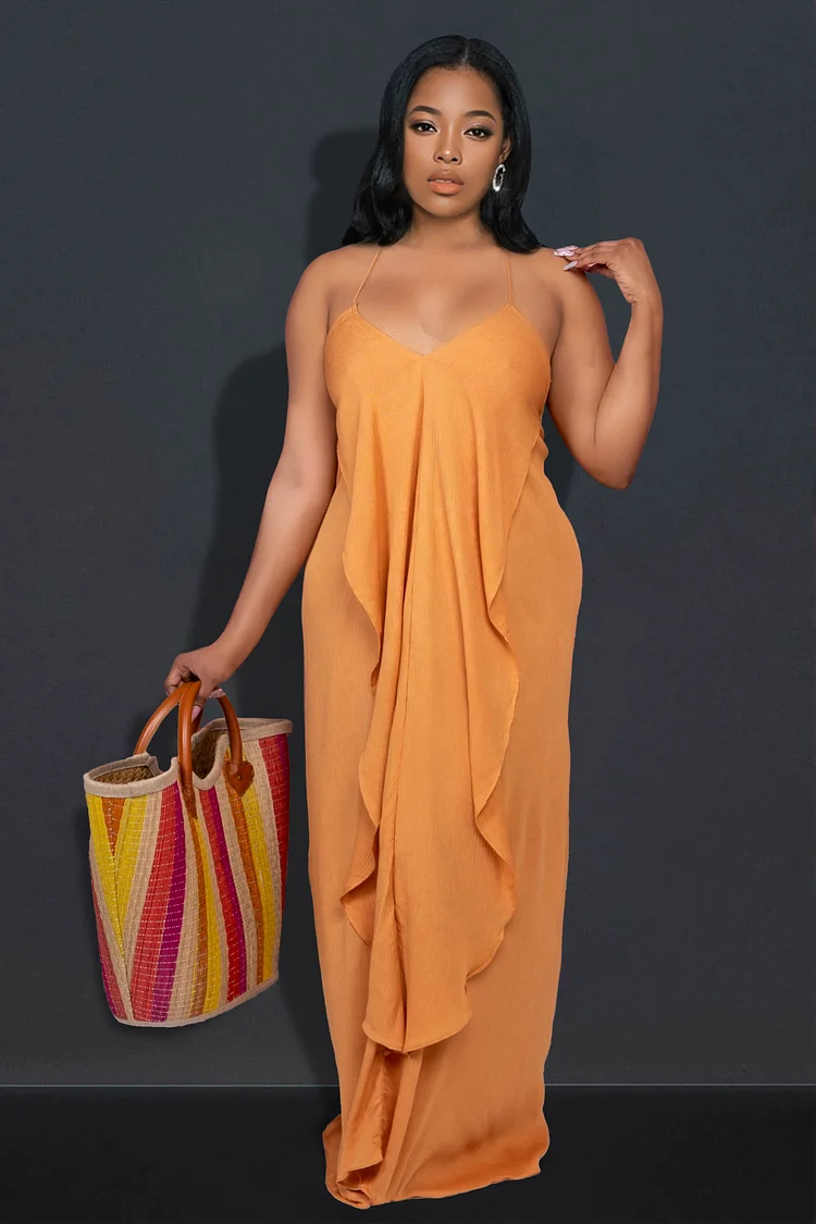 V Neck Cami Y-Back Ruffle Layered Formal Party Maxi Dresses-Orange [Pre Order]