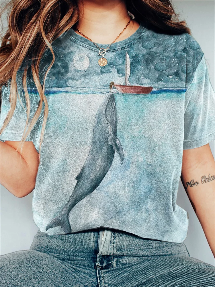 Dreamy Whale & Girl Watercolor Art Washed T Shirt