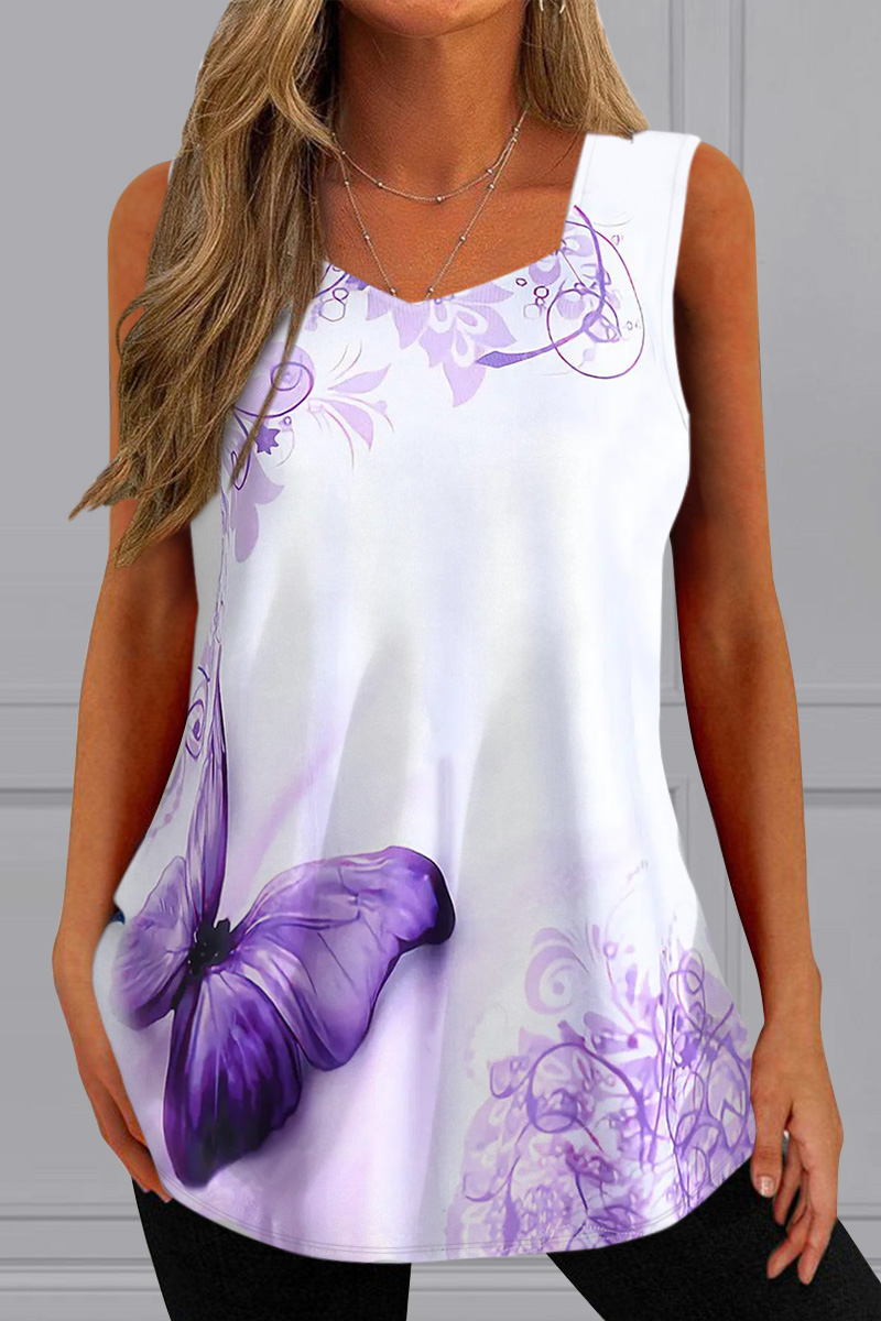 Plus Size Butterfly Floral Print V Neck Loose Tank Top