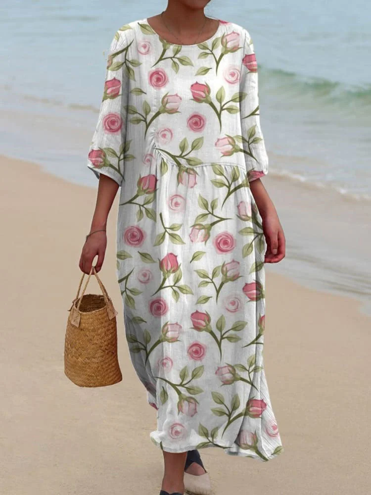 Women's Rose Flower Print Pocket Cotton Dress