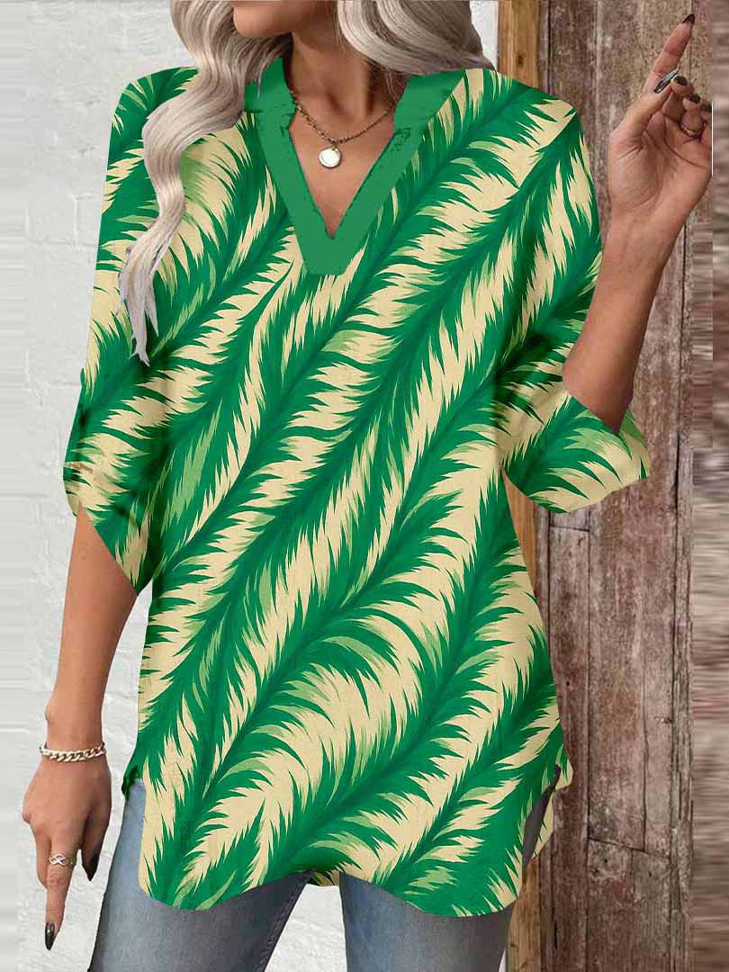 Women Leaves, Green DZGA0185 3/4 Sleeve V-neck Printed Graphic Button Tops