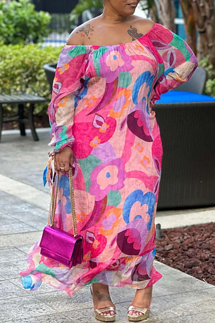 Xpluswear Plus Size Multicolor Casual Print Off Shoulder Maxi Dresses 