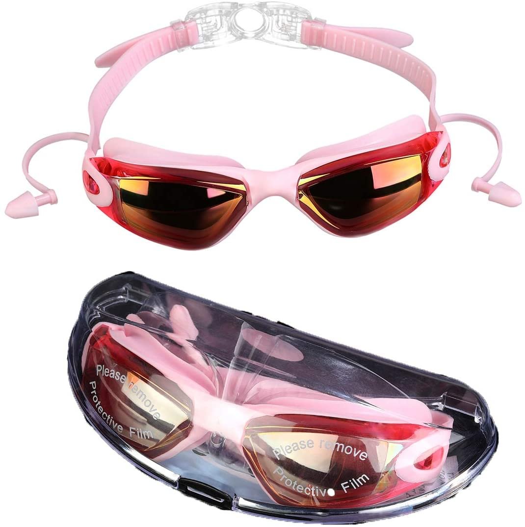 Swim Goggles Silicone Button Lock Strap Goggles No Leaking Anti Fog UV Protection Swimming Goggles with Ear Plug