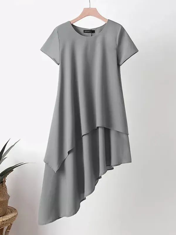 Asymmetric Printed Split-Joint Long Sleeves Loose Round-Neck Midi Dresses