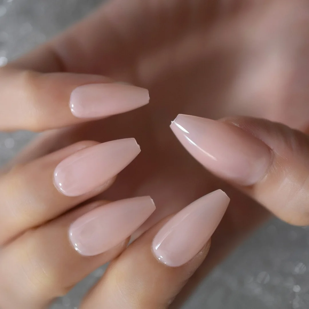 Nude Extra Long Fake Nails Coffin Full Cover Glossy False Nail Long Ballerina Nails with Glue Sticker-Nail Inspo
