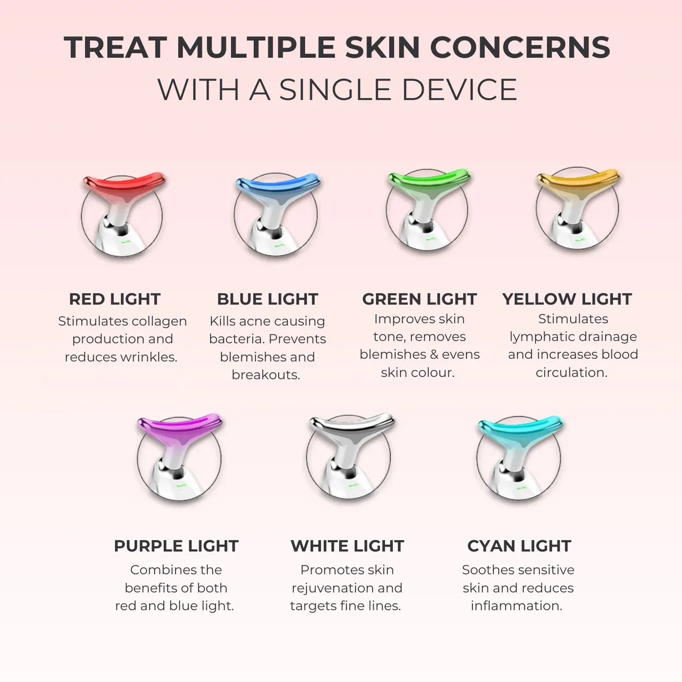 LED facial sculptor showing red, blue, green, yellow, purple, white, and cyan light therapy modes with skin benefits