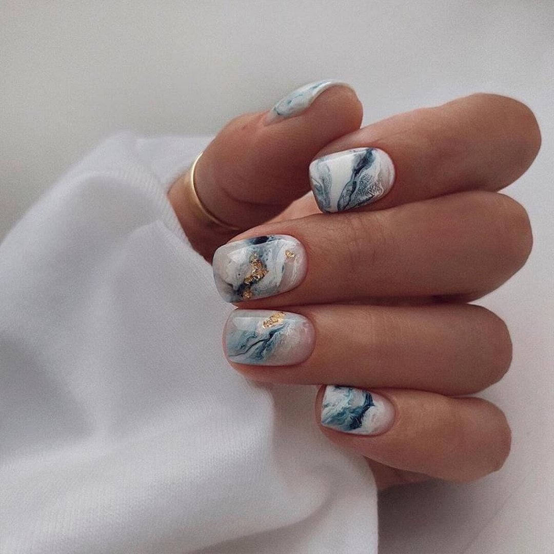 24pcs Sea Wave Short Fake Nails Full cover Fake Nails Glue DIY Manicure Nail Art Tools