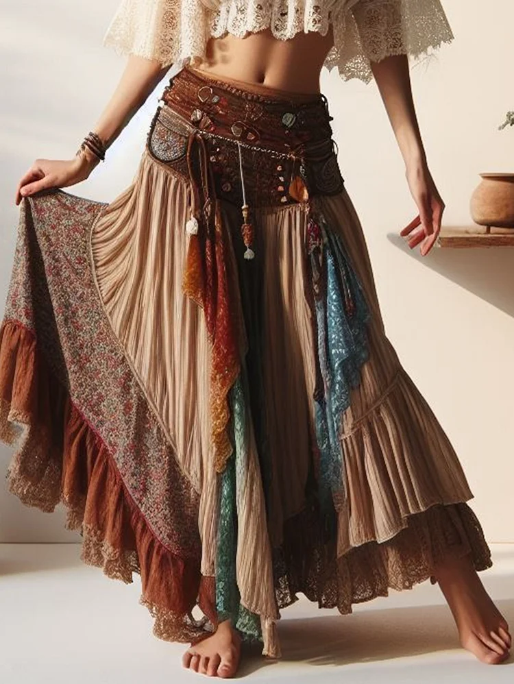 Boho Patchwork Floral Lace Trim Tiered Maxi Skirt