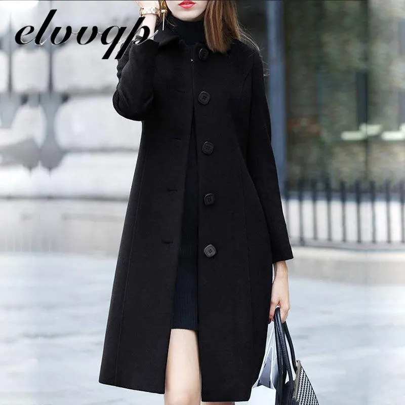 2020 New Fashion British Solid Button Woolen Coat Women Plus Size Long Sleeve Coats Woman Elegant Pocket Slim Outwear Mujer