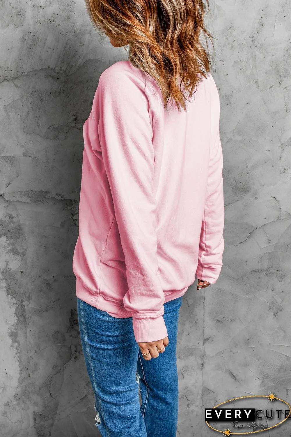 Pink Love Glitter Pattern Print Crew Neck Sweatshirt