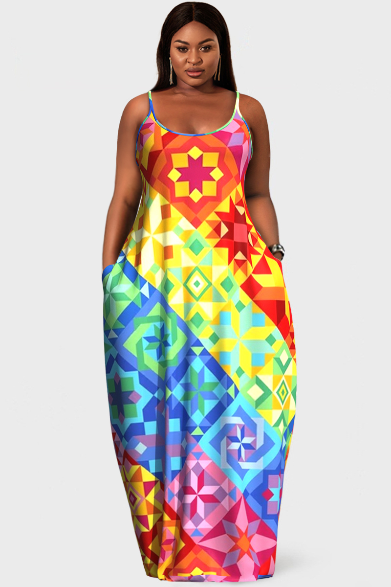 Design Plus Size Multicolor Casual Rainbow Geometric Print Camisole With Pockets Maxi Dresses [Pre-Order]