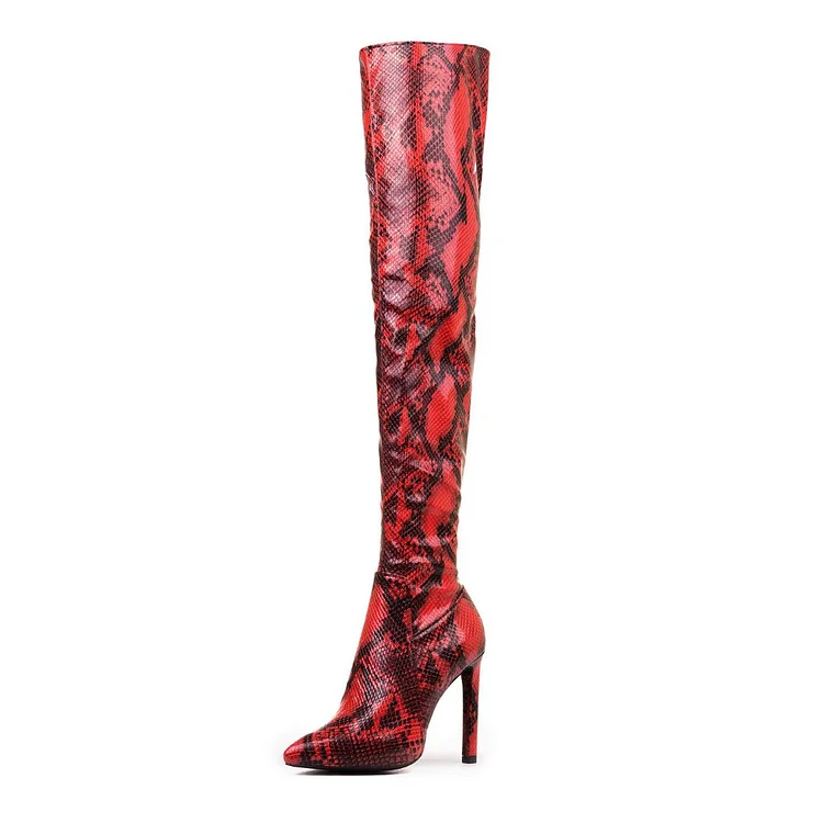 Red Snakeskin Boots Pointy Toe Stiletto Heel Thigh High Boots |FSJ Shoes
