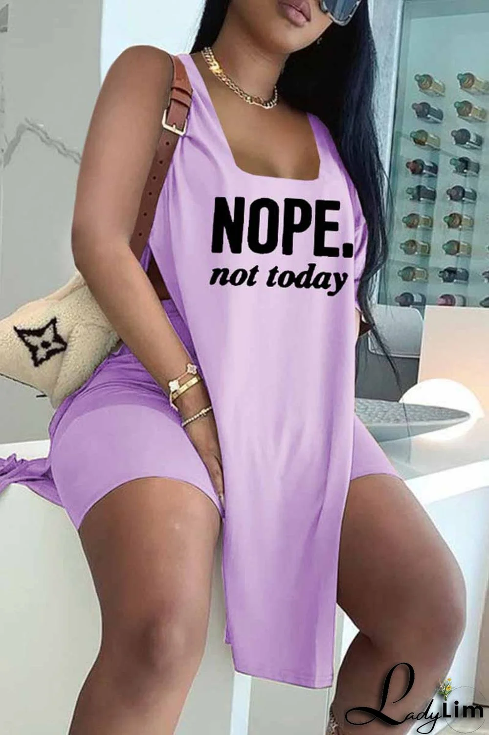 Red Fashion Casual Letter Print Slit U Neck Sleeveless Two Pieces