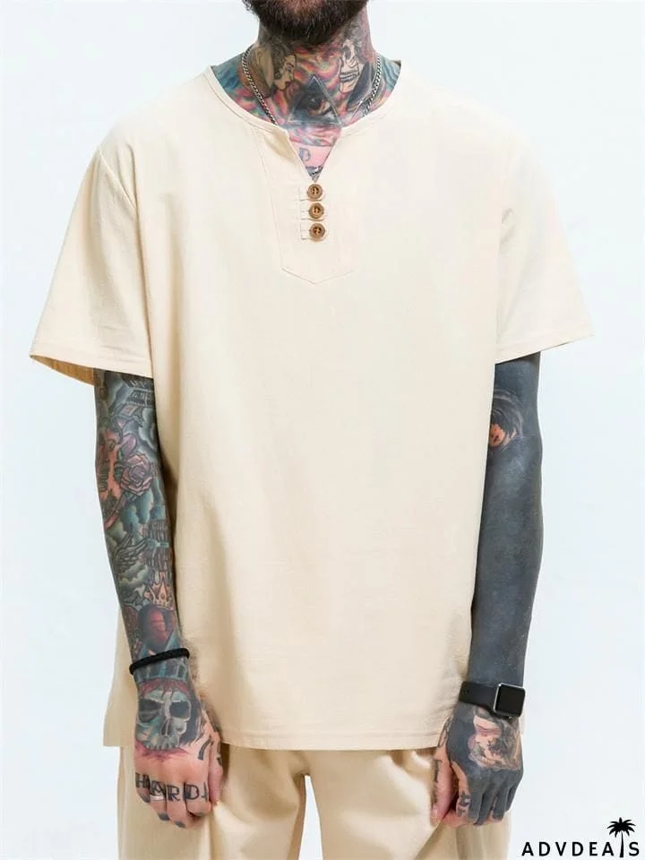 Men's Plus Short-Sleeved Solid Color Loose Cotton And Linen T-Shirt
