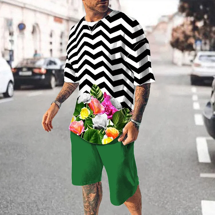 BrosWear Casual Wave-panel Floral Print Crew Neck T-Shirt And Shorts Co-Ord