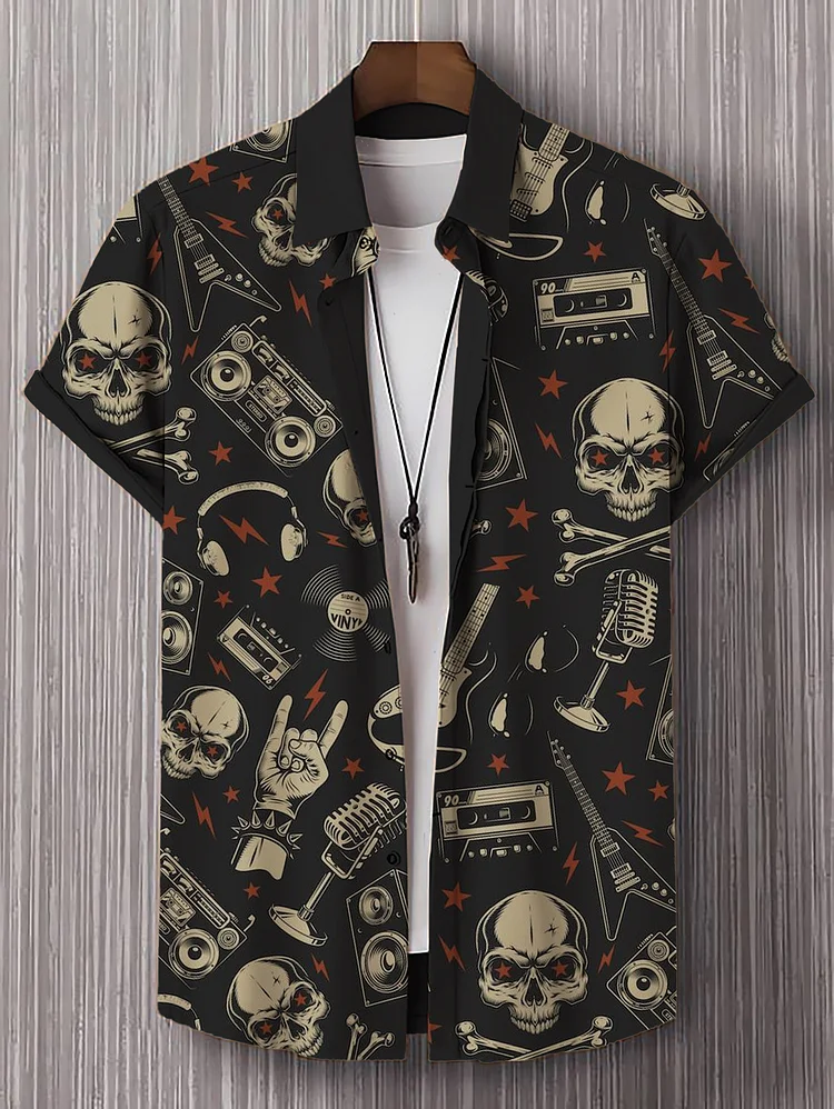 Men's Rock And Roll Punk Skull Guitar Vinyl Tape Graphic Print Casual Shirt