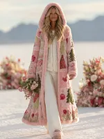 Women's Patchwork Floral Christmas Tree Print Plush Hooded Coat