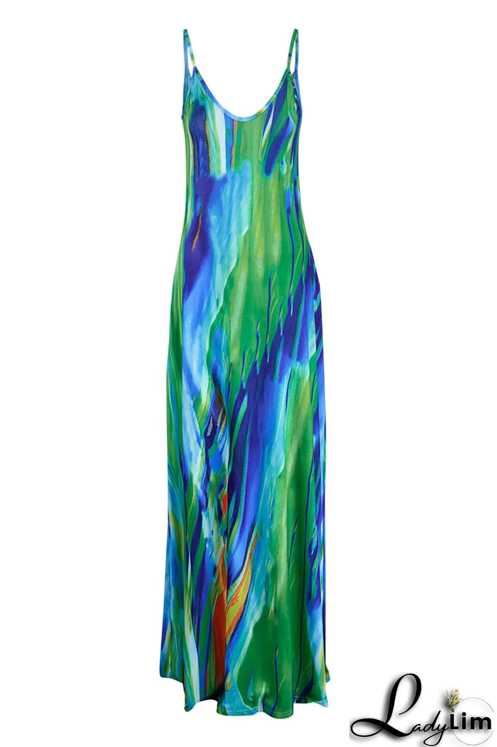 Red Fashion Sexy Print Backless Spaghetti Strap Long Dress