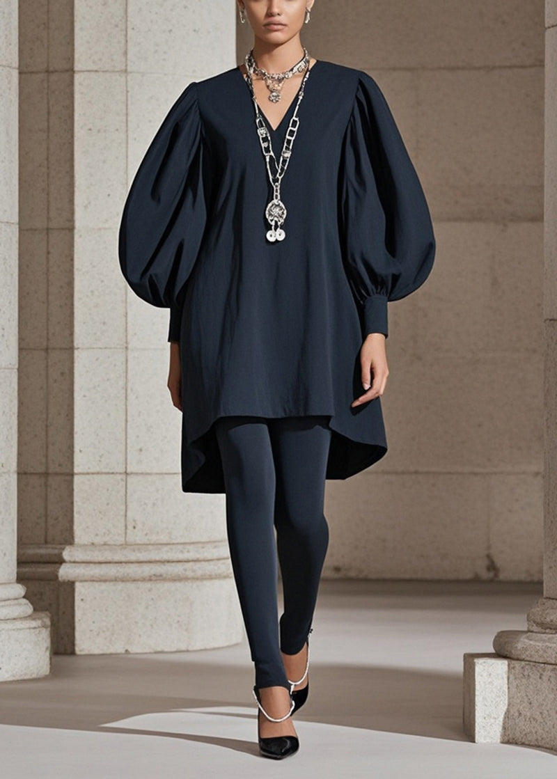 VCSHOES Black Puff Sleeve Cotton Work Dress Fall
