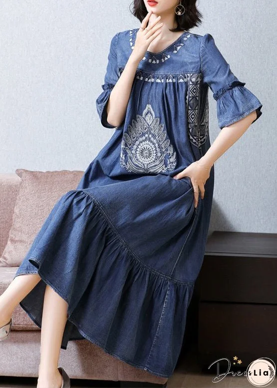 Plus Size Blue O-Neck Embroideried Ruffles Cotton Denim Dress Flare Sleeve