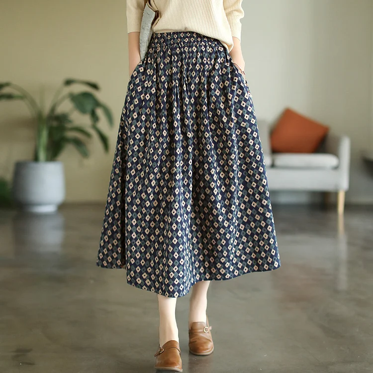 Cozy Loose Retro Print Cotton Linen A-Line Skirt