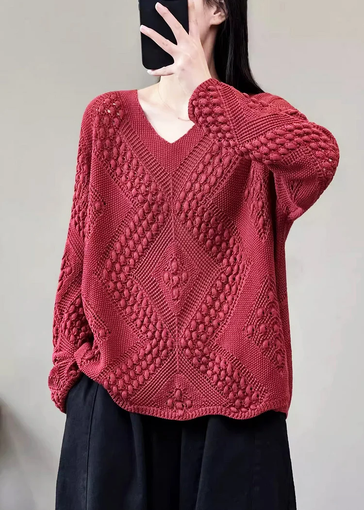 Simple Red Solid V Neck Cotton Knit Sweaters Long Sleeve