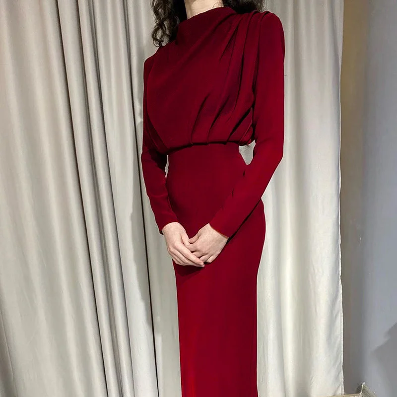 Uveng Model Autumn Fashion Temperament Waist-controlled Solid Color Long Sleeve Dress