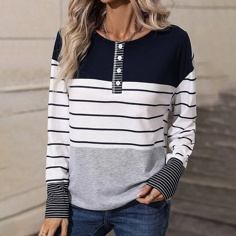 Wearshes Women's Fashion Crew Neck Striped Print Colorblock T-Shirt