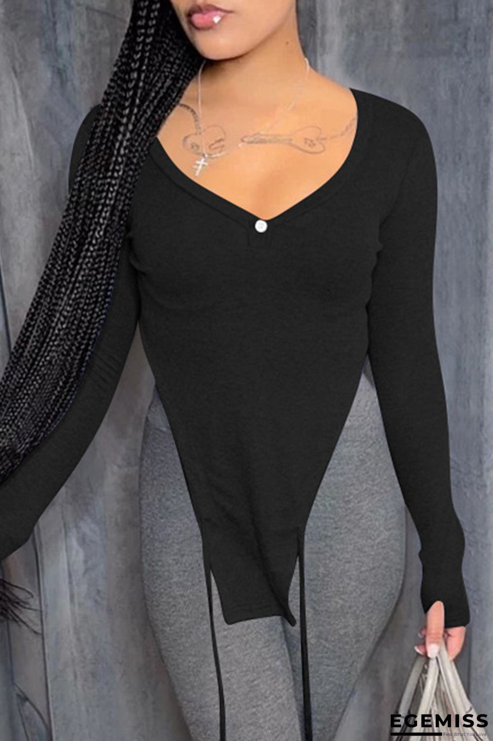 Black Fashion Casual Solid Asymmetrical V Neck Tops | EGEMISS