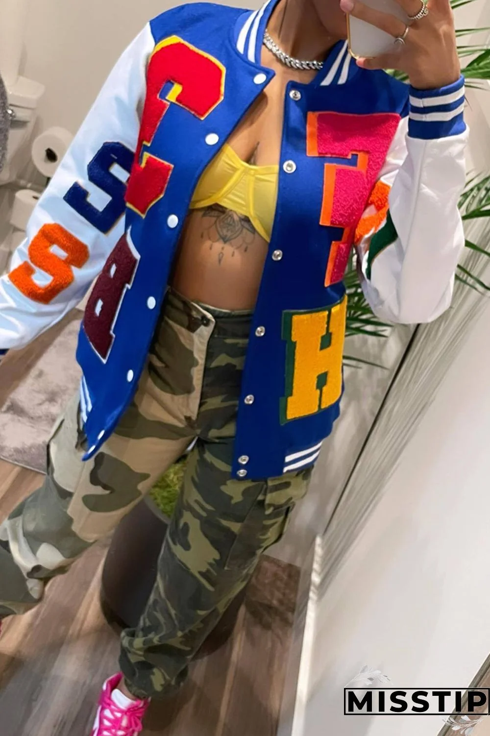 Blue Casual Letter Patchwork Contrast Turn-back Collar Outerwear