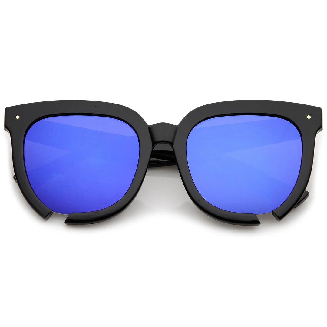 Oversize Notch Detail Square Colored Mirror Flat Lens Horn Rimmed glasses 54mm